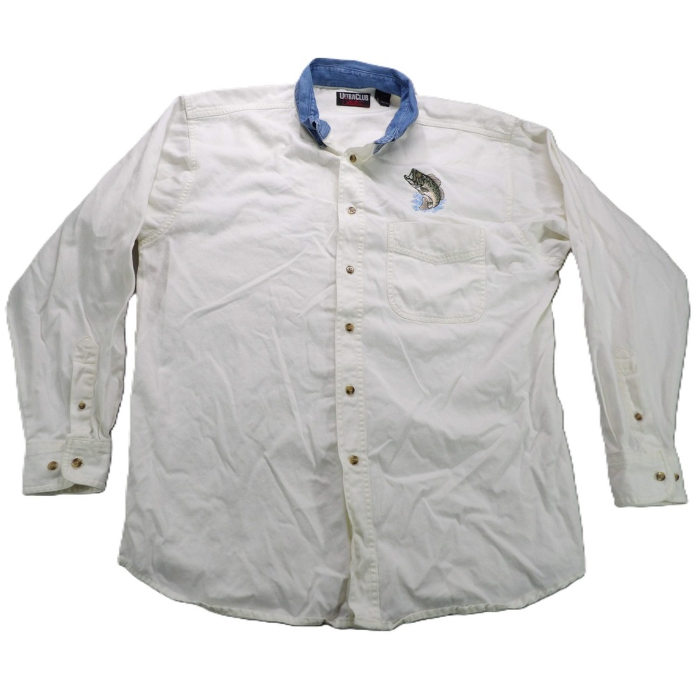 VTG UltraClub Bass Fishing Shirt Men M Cotton Denim Collar Embroidered White 90s